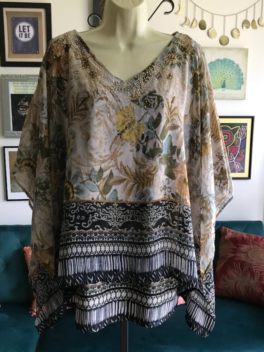 CATO size 18 / 20 Earthy Floral Print Chiffon Gold Studded Layered Caftan Tunic